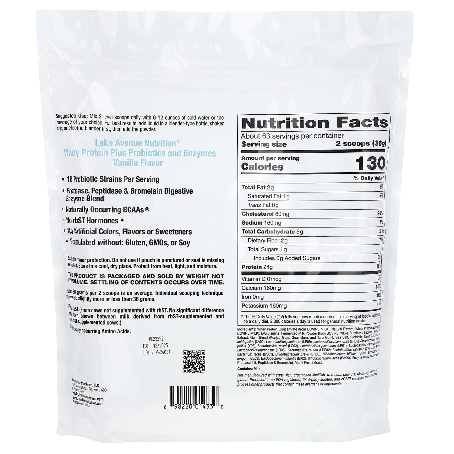 Lake Avenue Nutrition, Whey Protein + Probiotics, Vanilla, 5 lb (2.27 kg)