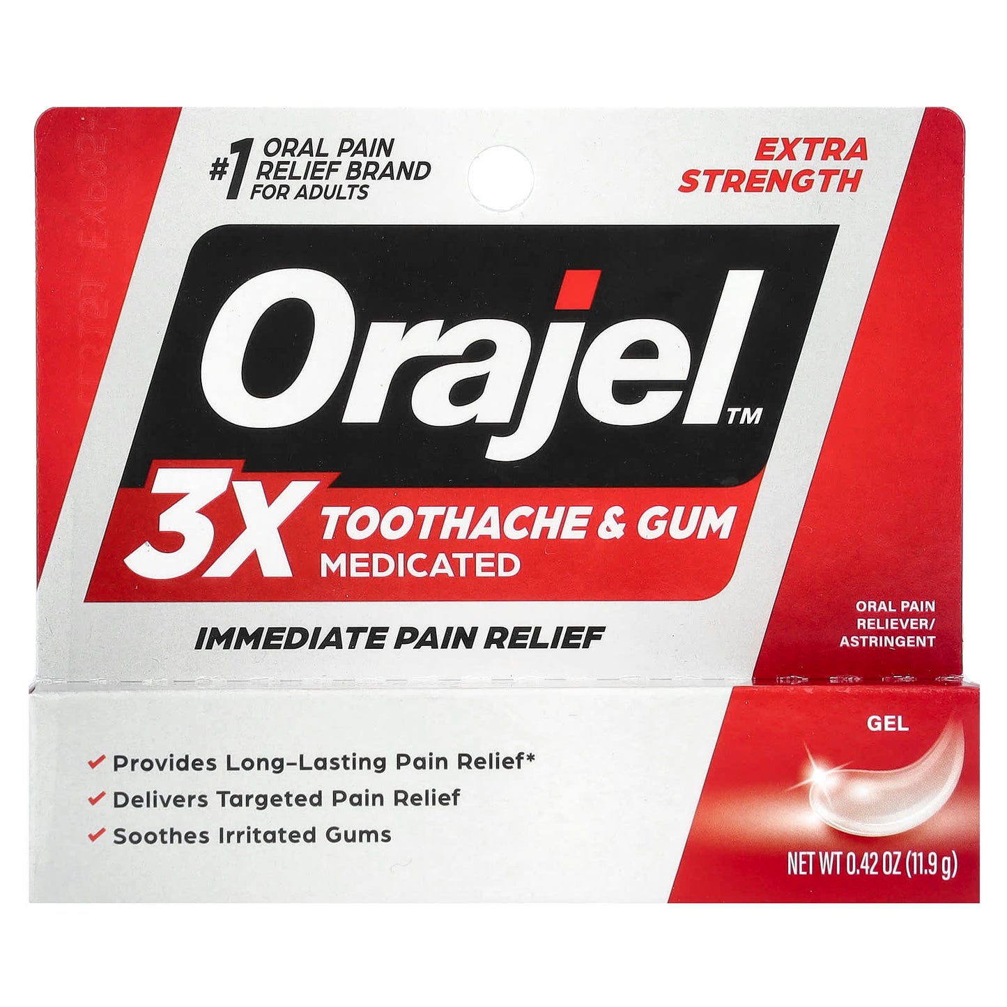 Orajel, Extra Strength, Instant Pain Relief Gel, 3X Medicated For Toothache & Gum, 0.42 oz (11.9 g)