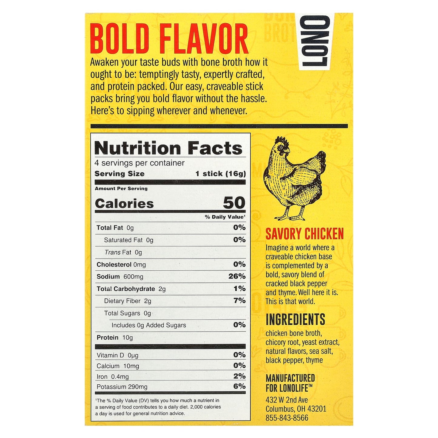 Lonolife, Sipping Bone Broth, Savory Chicken, 4 Single Serve Sticks, 0.56 oz (16 g) Each