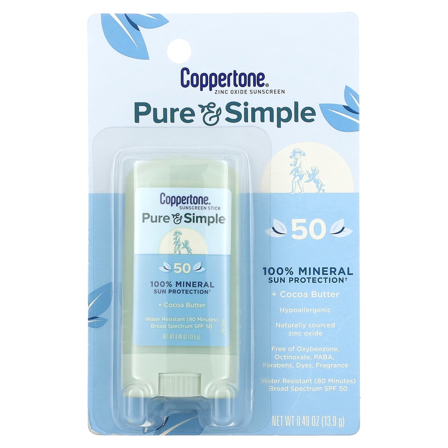 Coppertone, Pure & Simple, Sunscreen Stick, SPF 50, Cocoa Butter, 0.49 oz (13.9 g)