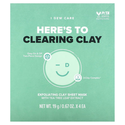 I Dew Care, Here´s To Clearing Clay, Exfoliating Clay Beauty Sheet Mask, 4 Sheet Masks, 0.67 oz (19 g) Each