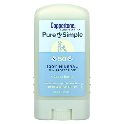 Coppertone, Pure & Simple, Sunscreen Stick, SPF 50, Cocoa Butter, 0.49 oz (13.9 g)