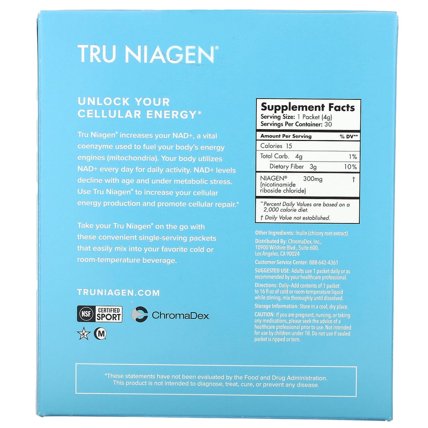 Tru Niagen, Increases NAD+, Nicotinamide Riboside, Unflavored, 30 Packets, 0.14 oz (4 g) Each