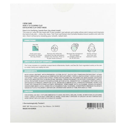 I Dew Care, Here´s To Clearing Clay, Exfoliating Clay Beauty Sheet Mask, 4 Sheet Masks, 0.67 oz (19 g) Each