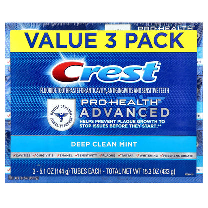 Crest, Pro-Health Advanced, Fluoride Toothpaste, Deep Clean Mint, 3 Pack, 5.1 oz (144 g) Each