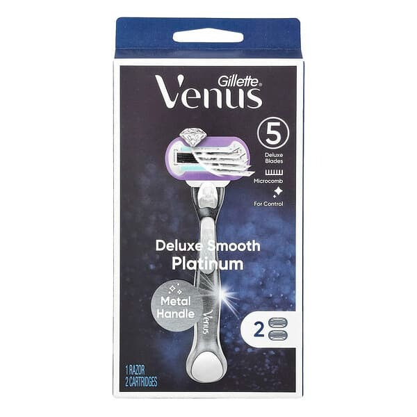 Gillette, Venus, Deluxe Smooth Platinum, 1 Razor, 2 Cartridges