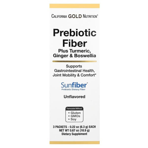 California Gold Nutrition, Prebiotic Fiber Plus Turmeric, Ginger, & Boswellia, 3 Packets, 0.22 oz (6.3 g) Each