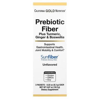California Gold Nutrition, Prebiotic Fiber Plus Turmeric, Ginger, & Boswellia, 3 Packets, 0.22 oz (6.3 g) Each