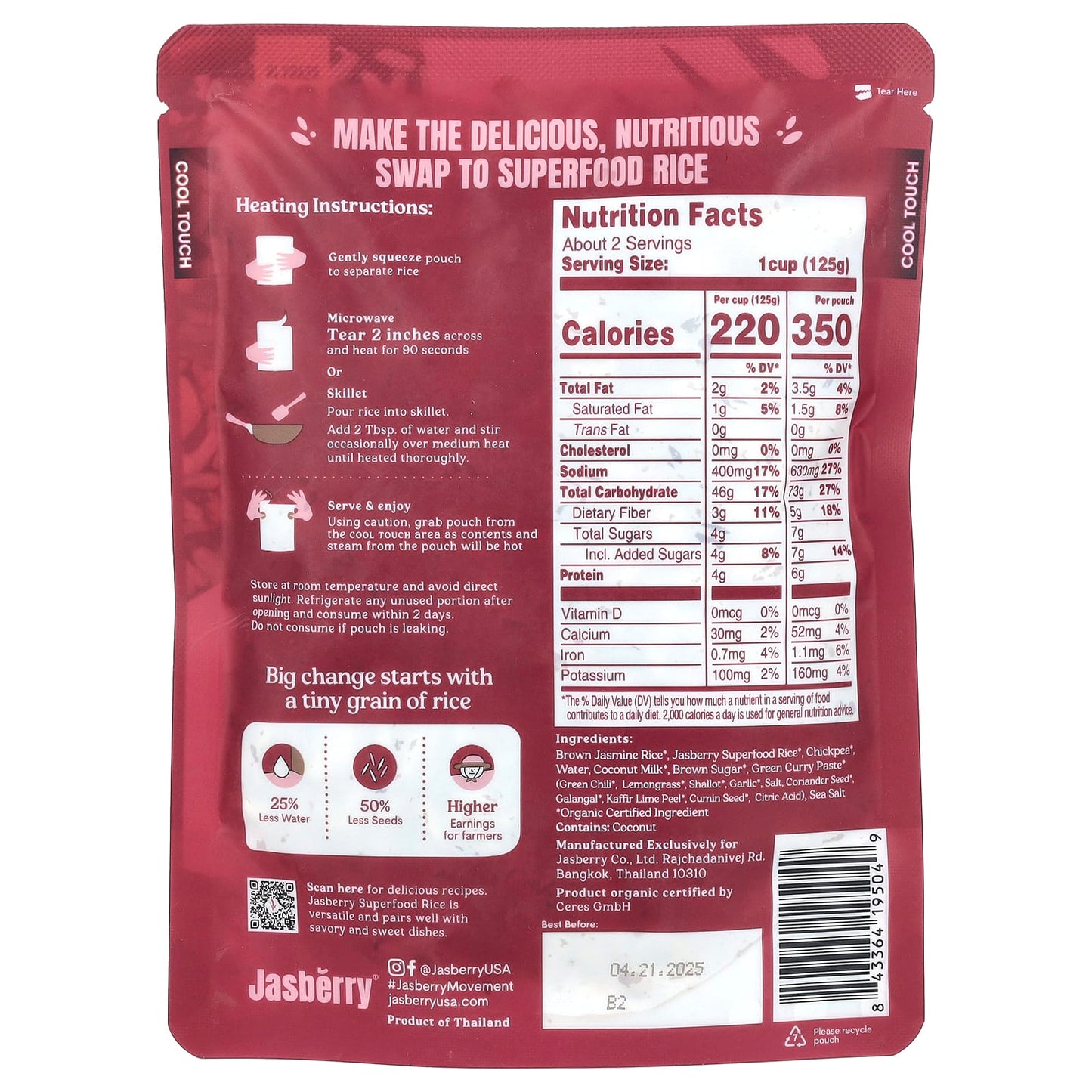 Jasberry, Organic Superfood Rice, Green Curry with Chickpeas, 7.05 oz (200 g)