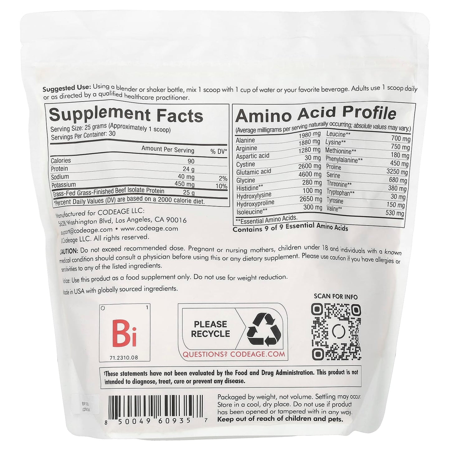 Codeage, Beef Isolate Protein Powder, Unflavored, 1.65 lbs (750 g)