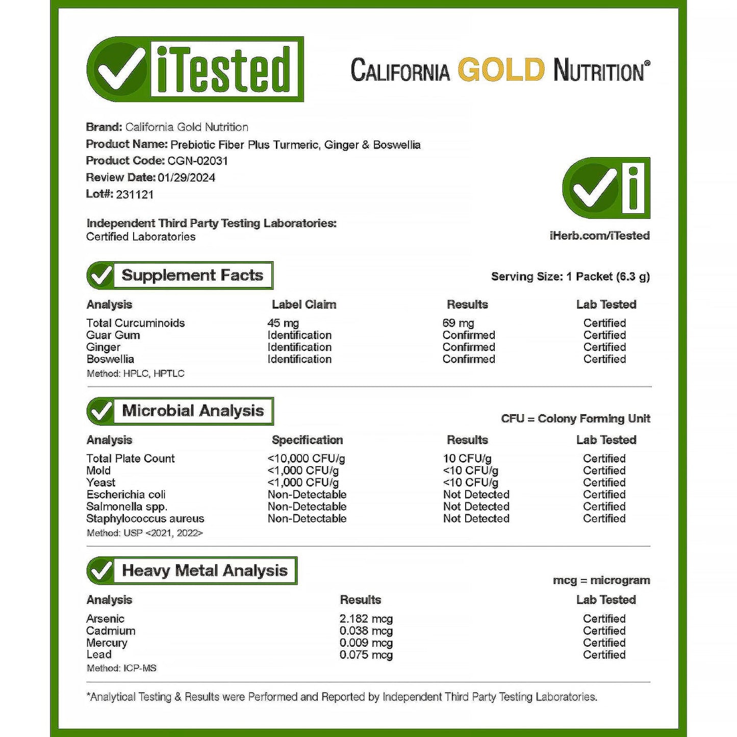California Gold Nutrition, Prebiotic Fiber Plus Turmeric, Ginger, & Boswellia, 3 Packets, 0.22 oz (6.3 g) Each