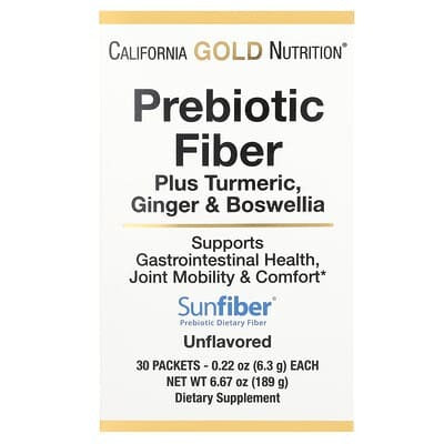 California Gold Nutrition, Prebiotic Fiber Plus Turmeric, Ginger, & Boswellia, 30 Packets, 0.22 oz (6.3 g) Each