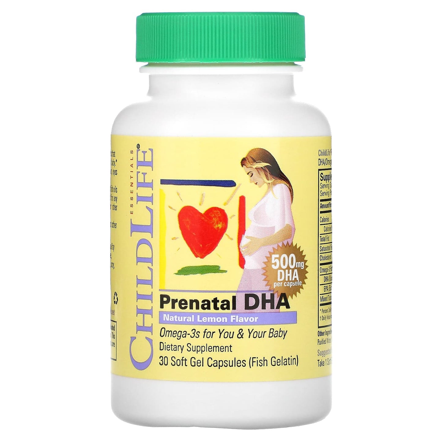 ChildLife Essentials, Prenatal DHA, Natural Lemon Flavor, 500 mg, 30 Soft Gel Capsules