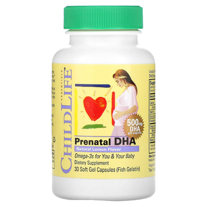ChildLife Essentials, Prenatal DHA, Natural Lemon Flavor, 500 mg, 30 Soft Gel Capsules