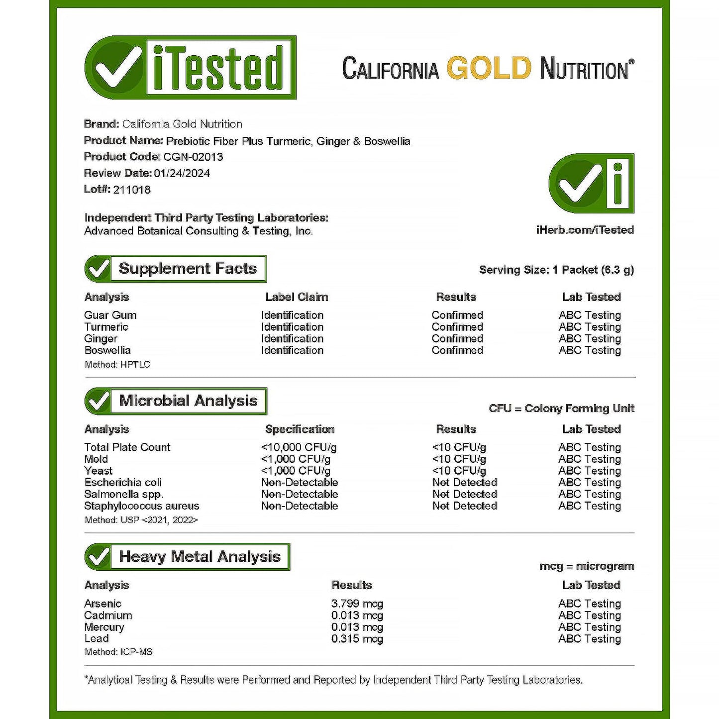California Gold Nutrition, Prebiotic Fiber Plus Turmeric, Ginger, & Boswellia, 30 Packets, 0.22 oz (6.3 g) Each